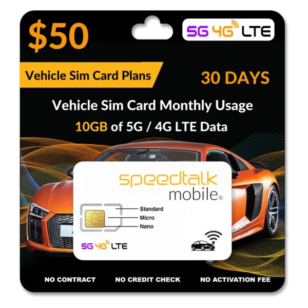 $50 Vehicle SIM Card, 10GB Data Only 30-Day Wireless Service