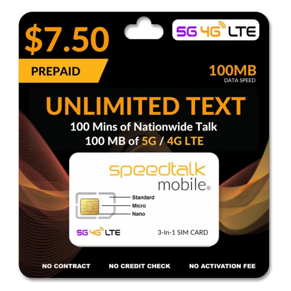 $7.50 A Month Prepaid Unlimited Text Phone Plan - 100MB Data SIM Card
