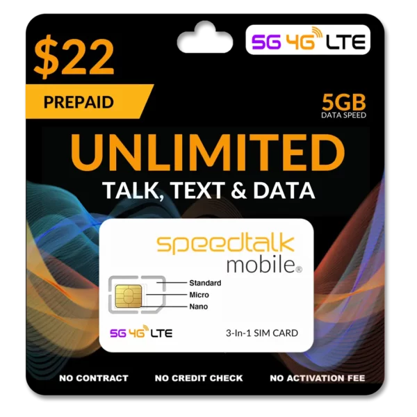 $22 A Month Prepaid Unlimited Talk, Text & Data Phone Plan - 5GB SIM Card