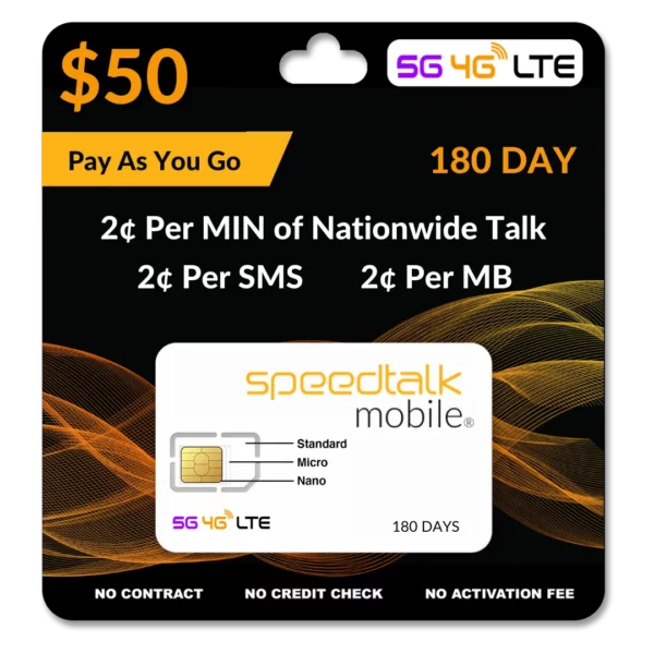 $50 Pay As You Go Prepaid Talk, Text & Data Phone Plan For 6 Months